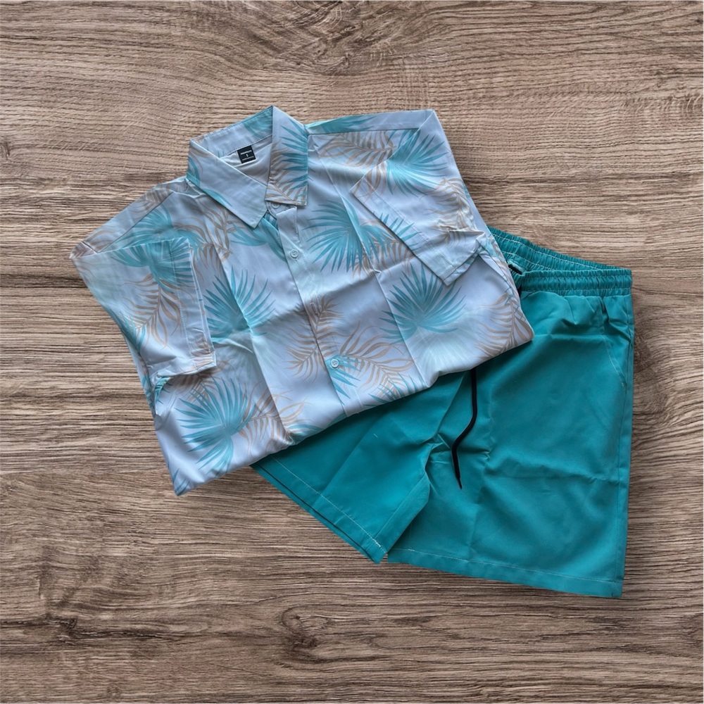 NEW Young Men’s Tropical Print Shirt & Teal Shorts Set Spring Summer Resort wear